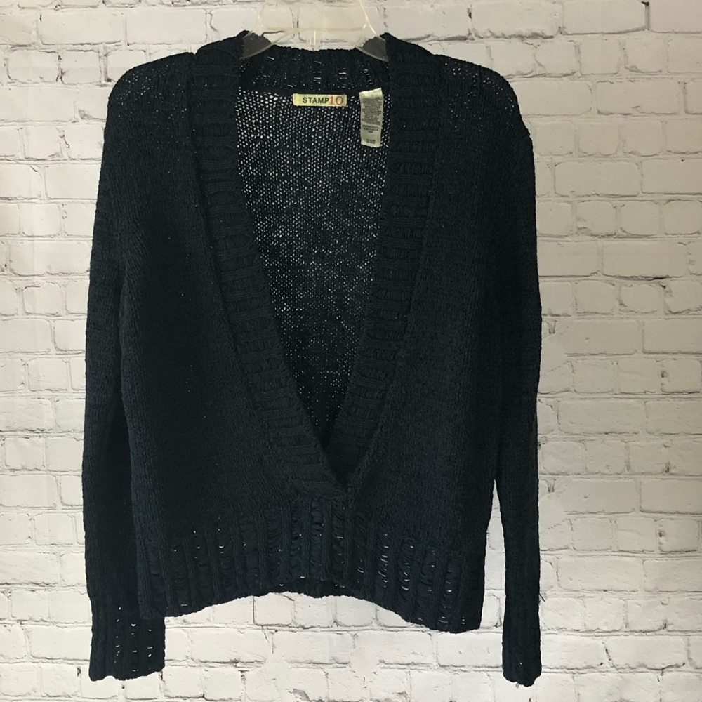 Women's Stamp 10 black cotton and polyester deep V-neck sweater. Size XL